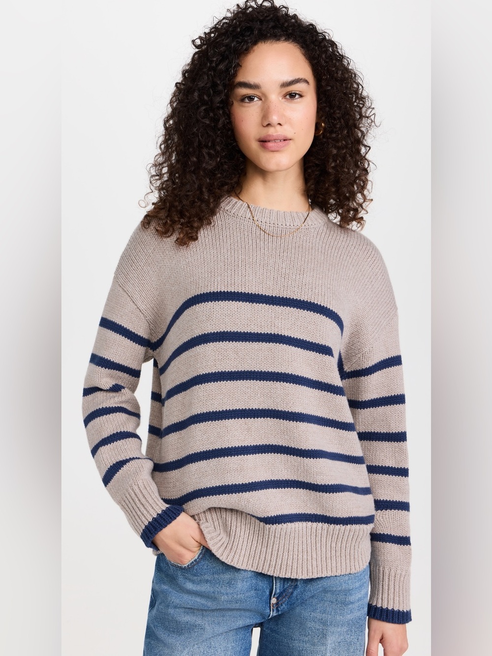 Z Supply Taupe and Navy Striped Crewneck Sweater